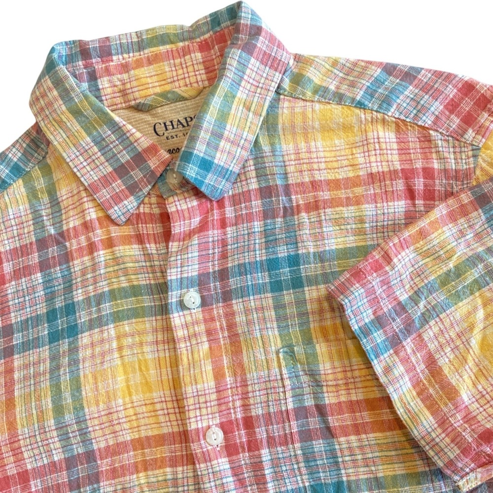 Chaps Mens Small Seacoast Wash Linen Blend Plaid Short Sleeve‎ Shirt CM24SW230W